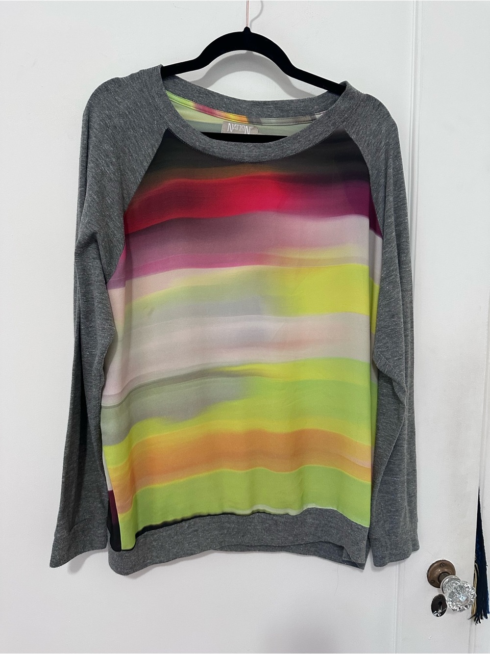 Nation Los Angeles gray knit/multicolor semi-sheer scoop neck sweatshirt - L